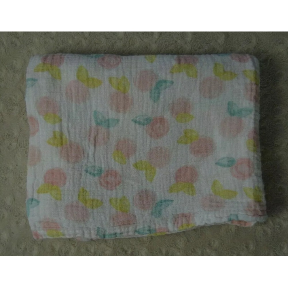 Modern Baby Peach Fruit Print Baby Swaddle Blanket White Green Yellow Muslin